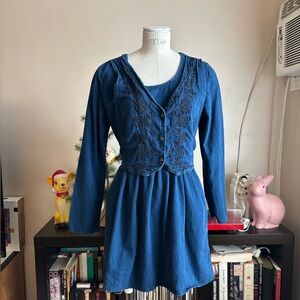 SOLD VTG 80s Pado Western Denim Mini Dress Embroidered Vest Long Sleeve Cowgirl